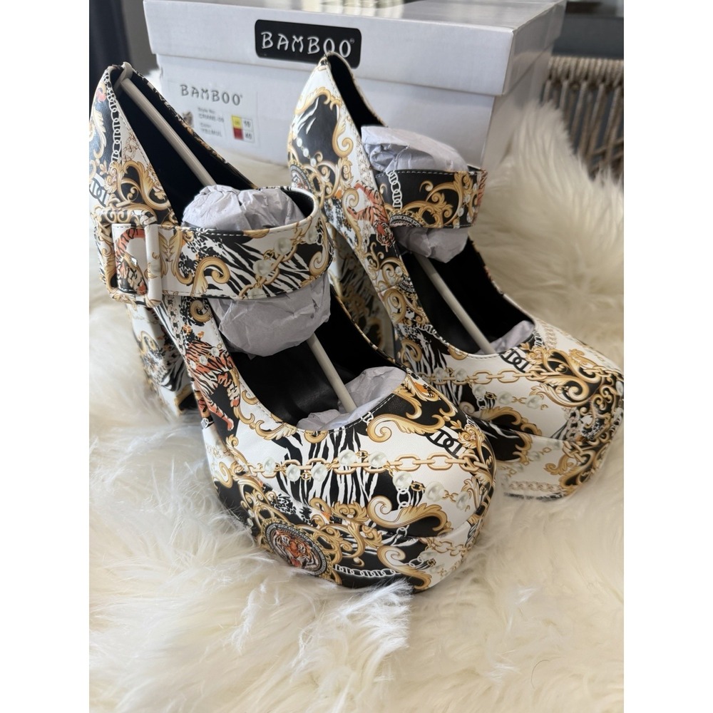 Bamboo‎ Size 8 Tiger Baroque Print Platform Block Heel Mary Jane Women's Shoes - Picture 2 of 11